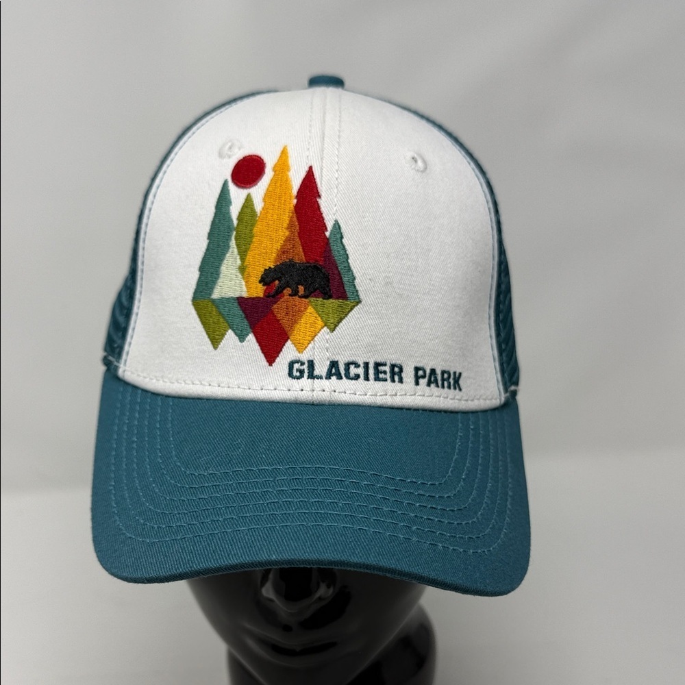 Blue 84 White and Teal Glacier National  Park Trucker Baseball Hat adjustable